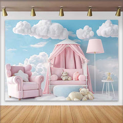 Lofaris Pink Armchair Canopy Bed Teddy Bear Backdrop, Blue Sky Clouds Baby Girl Cake Smash Background