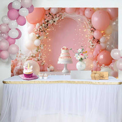 Lofaris Pink Balloon Floral Arch Wedding Backdrop, Romantic White Cake Fairy Lights Party Photography Background