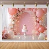 Lofaris Pink Balloon Floral Arch Wedding Backdrop, Romantic White Cake Fairy Lights Party Photography Background