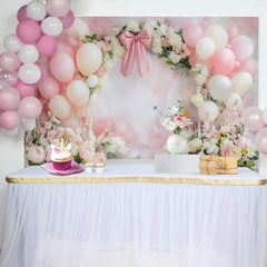 Lofaris Pink Balloon Bow Ribbon Wedding Backdrop, Watercolor Floral Bridal Shower Photography Background