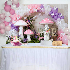 Lofaris Giant Pink Mushroom and Butterfly Spring Backdrop, Purple Balloon Arch Floral Girls Birthday Background