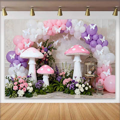 Lofaris Giant Pink Mushroom and Butterfly Spring Backdrop, Purple Balloon Arch Floral Girls Birthday Background