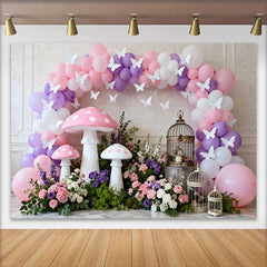 Lofaris Fairy Pink Mushroom and Birdcage Spring Backdrop, Floral Balloon Arch Girls Birthday Party Background