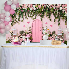 Lofaris Secret Pink Door and Spring Floral Vines Backdrop, Fairy Garden Mushroom Birthday Photography Background