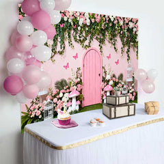 Lofaris Secret Pink Door and Spring Floral Vines Backdrop, Fairy Garden Mushroom Birthday Photography Background
