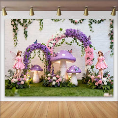 Lofaris Purple Mushroom and Fairy Floral Arch Spring Backdrop, Enchanted Forest Girls Birthday Party Background