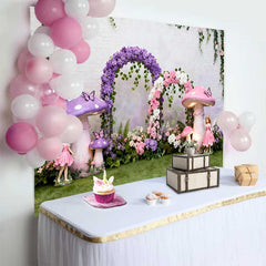 Lofaris Giant Purple Mushroom and Fairy Spring Backdrop, Floral Arch Enchanted Forest Birthday Party Background