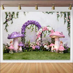 Lofaris Giant Purple Mushroom and Fairy Spring Backdrop, Floral Arch Enchanted Forest Birthday Party Background