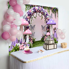 Lofaris Pink Purple Mushroom and Fairy Spring Backdrop, Floral Arch Girls Birthday Party Background