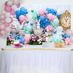 Lofaris Vintage Clock and Tea Party Rabbit Easter Backdrop, Pastel Balloon Arch Spring Photography Background
