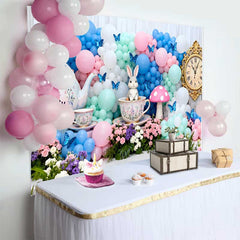 Lofaris Vintage Clock and Tea Party Rabbit Easter Backdrop, Pastel Balloon Arch Spring Photography Background