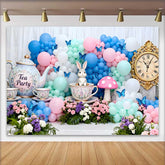 Lofaris Vintage Clock and Tea Party Rabbit Easter Backdrop, Pastel Balloon Arch Spring Photography Background