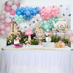 Lofaris Tea Party Rabbit and Vintage Clock Easter Backdrop, Pastel Balloon Butterfly Spring Photography Background