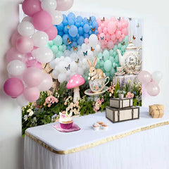 Lofaris Tea Party Rabbit and Vintage Clock Easter Backdrop, Pastel Balloon Butterfly Spring Photography Background
