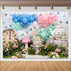 Lofaris Tea Party Rabbit and Vintage Clock Easter Backdrop, Pastel Balloon Butterfly Spring Photography Background