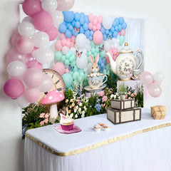 Lofaris Alice Tea Party Rabbit and Vintage Clock Easter Backdrop, Pastel Balloon Arch Spring Background