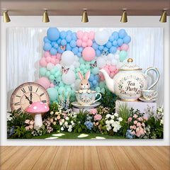 Lofaris Alice Tea Party Rabbit and Vintage Clock Easter Backdrop, Pastel Balloon Arch Spring Background