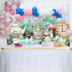 Lofaris Cute Rabbit in Teacup and Vintage Clock Easter Backdrop, Pastel Balloon Tea Party Spring Background
