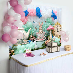 Lofaris Cute Rabbit in Teacup and Vintage Clock Easter Backdrop, Pastel Balloon Tea Party Spring Background