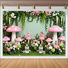 Lofaris Giant Pink Mushroom and Fairy Spring Backdrop, Enchanted Forest Floral Girls Birthday Background