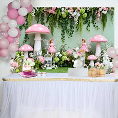 Lofaris Enchanted Fairy and Pink Mushroom Spring Backdrop, Floral Vine Forest Girls Birthday Background