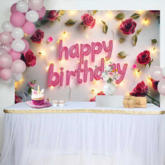 Lofaris Red Rose and Fairy Lights Happy Birthday Backdrop, Romantic Floral Womens Party Photography Background