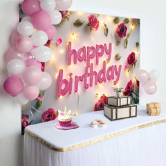 Lofaris Red Rose and Fairy Lights Happy Birthday Backdrop, Romantic Floral Womens Party Photography Background