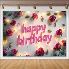 Lofaris Red Rose and Fairy Lights Happy Birthday Backdrop, Romantic Floral Womens Party Photography Background