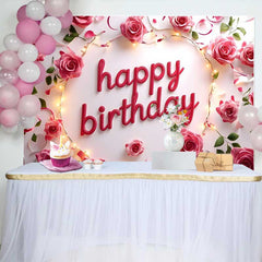 Lofaris Pink Rose and String Lights Happy Birthday Backdrop, Elegant Floral Womens Party Photography Background