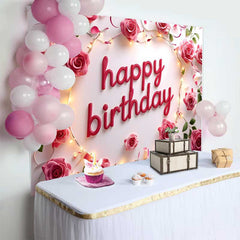 Lofaris Pink Rose and String Lights Happy Birthday Backdrop, Elegant Floral Womens Party Photography Background