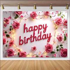 Lofaris Pink Rose and String Lights Happy Birthday Backdrop, Elegant Floral Womens Party Photography Background