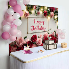 Lofaris Elegant Red Pink Rose Floral Happy Birthday Backdrop, Warm Fairy Lights Womens Photography Background