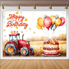 Lofaris Watercolor Red Tractor Farm Happy Birthday Backdrop, Wheat Field Balloon Cake Boys Photography Background