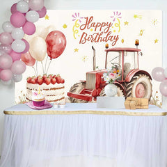 Lofaris Watercolor Red Tractor and Strawberry Cake Happy Birthday Backdrop, Farm Balloon Boy Party Background