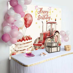 Lofaris Watercolor Red Tractor and Strawberry Cake Happy Birthday Backdrop, Farm Balloon Boy Party Background