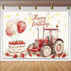 Lofaris Watercolor Red Tractor and Strawberry Cake Happy Birthday Backdrop, Farm Balloon Boy Party Background
