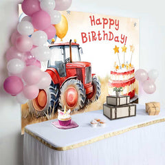 Lofaris Watercolor Red Tractor and Star Cake Happy Birthday Backdrop, Farm Balloon Boys Party Photography Background
