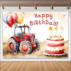 Lofaris Watercolor Red Tractor and Star Cake Happy Birthday Backdrop, Farm Balloon Boys Party Photography Background