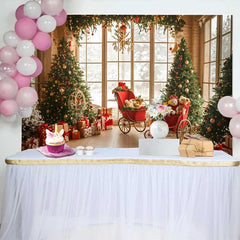 Lofaris Vintage Window Christmas Tree Photography Backdrop, Red Carriage Teddy Bear Winter Holiday Party Background