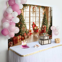 Lofaris Vintage Window Christmas Tree Photography Backdrop, Red Carriage Teddy Bear Winter Holiday Party Background