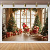 Lofaris Vintage Window Christmas Tree Photography Backdrop, Red Carriage Teddy Bear Winter Holiday Party Background
