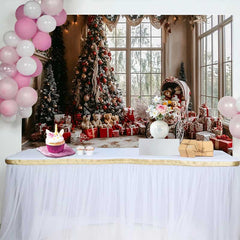 Lofaris Cozy Living Room Christmas Tree Photography Backdrop, Vintage Teddy Bear Carriage Holiday Party Background