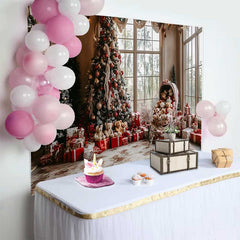 Lofaris Cozy Living Room Christmas Tree Photography Backdrop, Vintage Teddy Bear Carriage Holiday Party Background