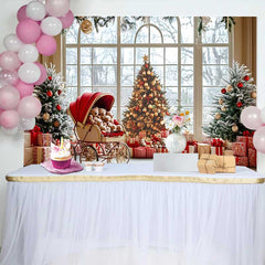 Lofaris Christmas Photography Backdrop, Winter Window Snow Scene with Red Stroller and Teddy Bears