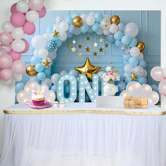 Lofaris Boy 1st Birthday Cake Smash Backdrop, Blue and White Balloon Arch with Marquee ONE and Gold Stars