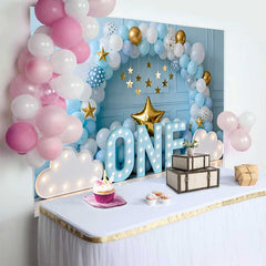 Lofaris Boy 1st Birthday Cake Smash Backdrop, Blue and White Balloon Arch with Marquee ONE and Gold Stars