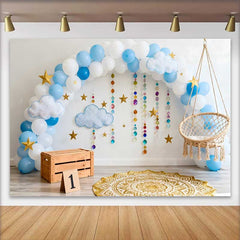 Lofaris First Birthday Cake Smash Backdrop, Blue Balloon Arch with Hanging Beads and Stars for Baby Boy