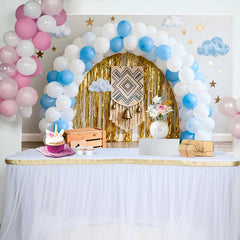 Lofaris Boho 1st Birthday Cake Smash Backdrop, Blue and White Balloon Arch with Gold Fringe and Macrame
