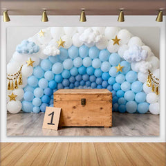 Lofaris 1st Birthday Photography Backdrop, Blue and White Balloon Wall with Stars and Clouds for Cake Smash
