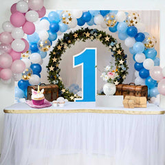 Lofaris Boy First Birthday Backdrop, Blue and White Balloon Arch with Green Wreath and Large Number 1